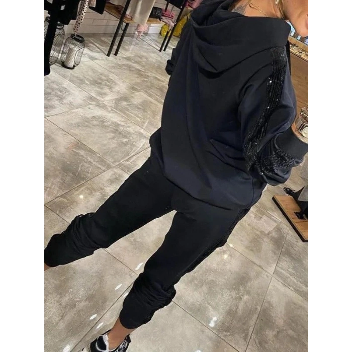 Kadın Uzun Kollu Kapşonlu Pulpayet Detay Viskon Iki Iplik Bluz Ve Pantolon Ikili Takım