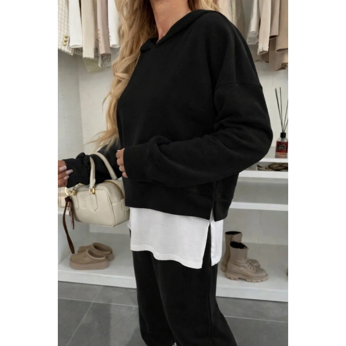 Kadın Uzun Kollu Kapşonlu Viskon Iki Iplik Bluz Ve Pantolon Ikili Takım