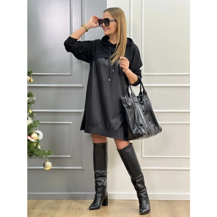 Kadın Uzun Kollu Kapüşon Ve Deri Detay Diz üstü Elbise