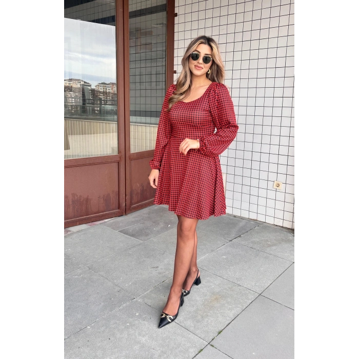 Kadın Uzun Kollu Kare Kalp Yakalı Mini Modal Elbise