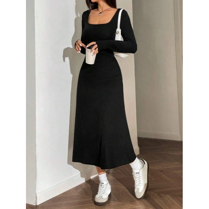 Kadın Uzun Kollu Kare Yaka Midi Kaşkorse Elbise