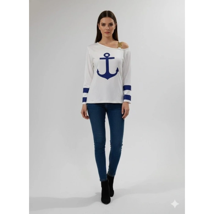 Kadın Uzun Kollu Kayık Yaka Omuz Dekoltesi Ve Toka Detaylı Bluz