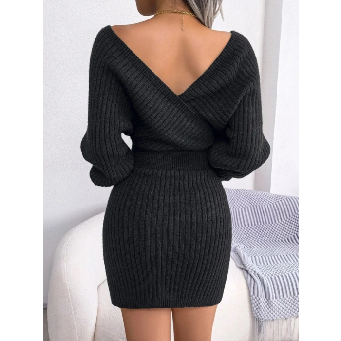 Kadın Uzun Kollu Kruvaze Geniş Yakalı Mini Triko Elbise