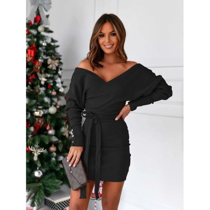 Kadın Uzun Kollu Kruvaze Yaka Bağcık Detay Akrilik Mini Boy Elbise