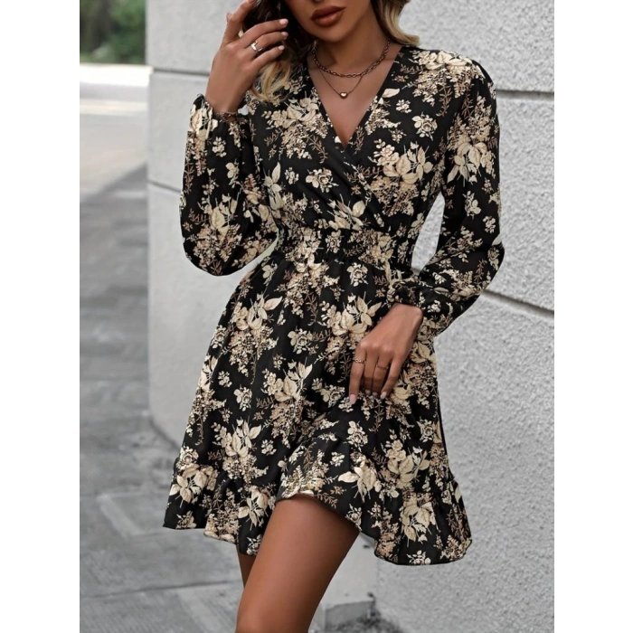 Kadın Uzun Kollu Kruvaze Yaka Beli Gipeli çiçek Desenli Kısa Dalgıç Elbise