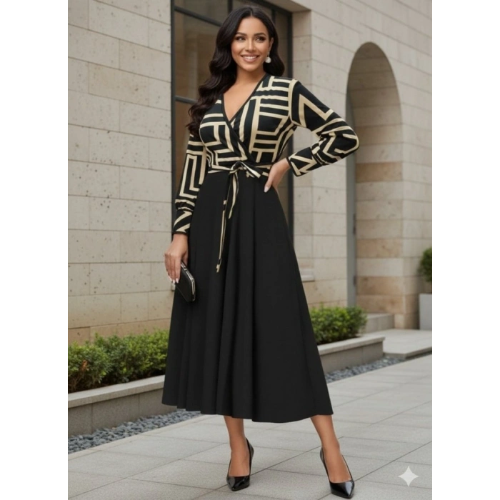 Kadın Uzun Kollu Kruvaze Yaka Dalgıç Krep Midi Boy Elbise