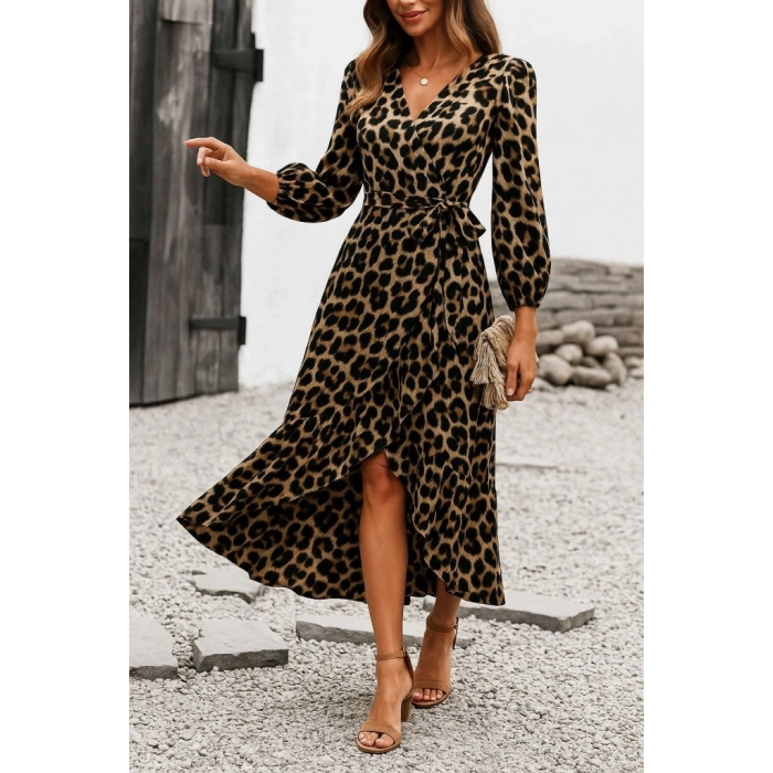 Kadın Uzun Kollu Kruvaze Yaka Yandan Bağlamalı önden Fırfır Detaylı Süprem Uzun Elbise