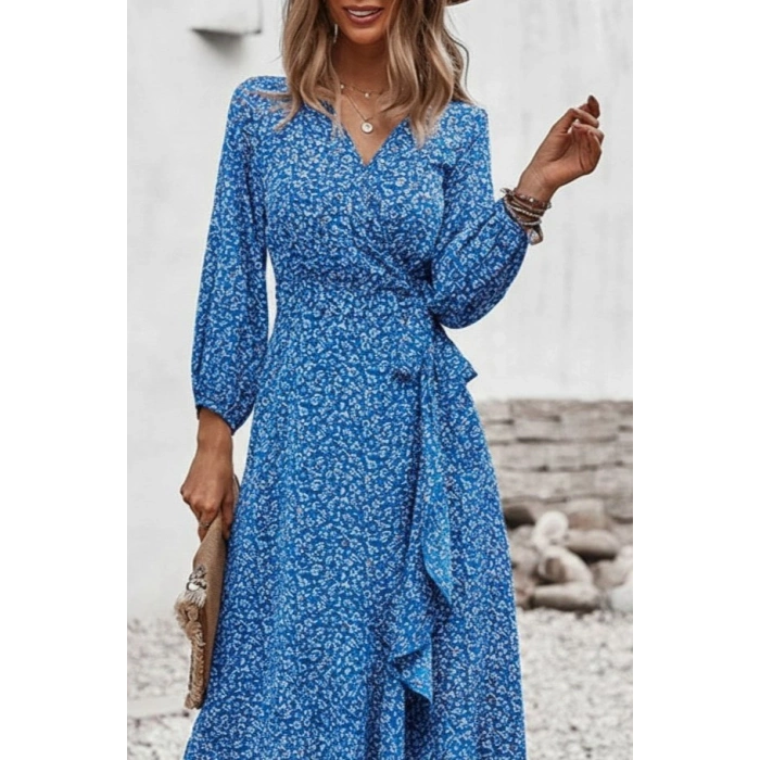 Kadın Uzun Kollu Kruvaze Yaka Yandan Bağlamalı önden Fırfır Detaylı Süprem Uzun Elbise