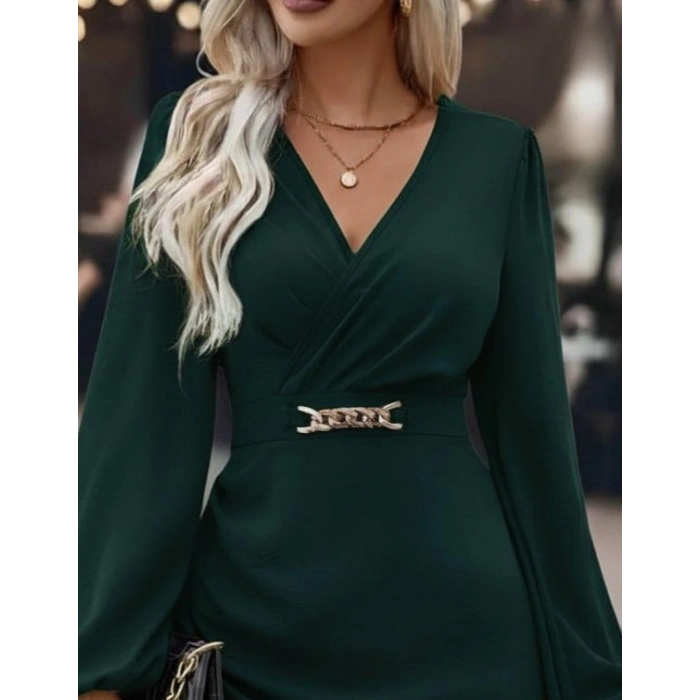 Kadın Uzun Kollu Kruvaze Yaka Yandan Büzgülü Asimetrik Detaylı Ithal Krep Mini Elbise