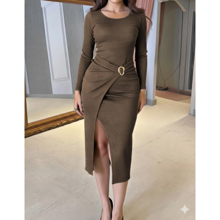 Kadın Uzun Kollu Kruvaze Yaka Yandan Toka Detaylı önden çapraz Detaylı Ottoman Elbise