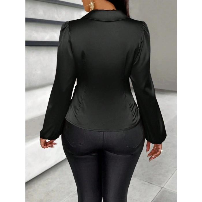 Kadın Uzun Kollu Kruvaze Yakalı Asimetrik Saten Bluz