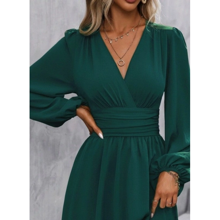 Kadın Uzun Kollu Kruvaze Yakalı Bel Korsajlı Mini Elbise