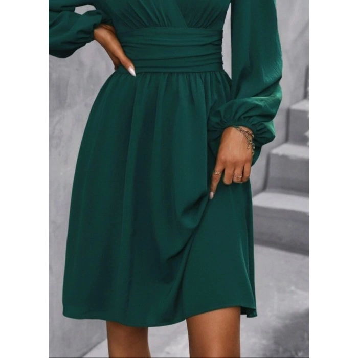 Kadın Uzun Kollu Kruvaze Yakalı Bel Korsajlı Mini Elbise