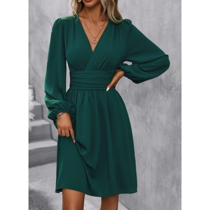 Kadın Uzun Kollu Kruvaze Yakalı Bel Korsajlı Mini Elbise