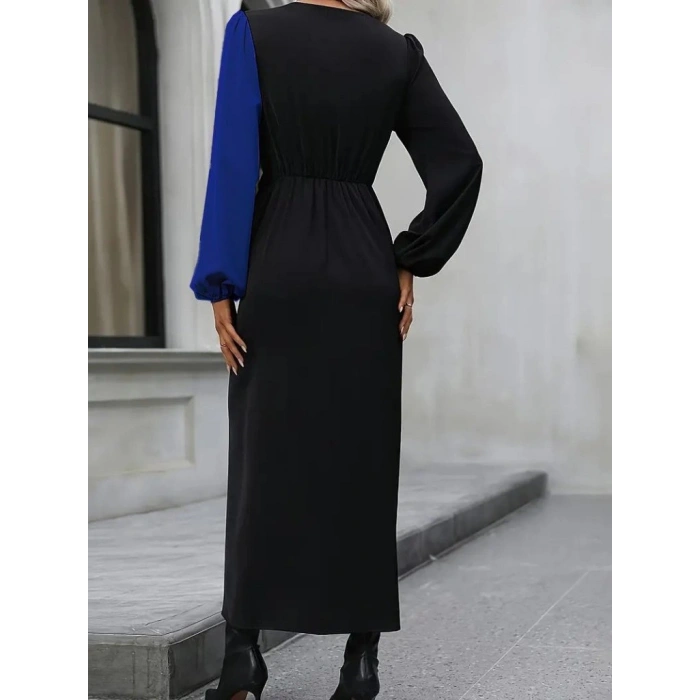 Kadın Uzun Kollu Kruvaze Yakalı Belden çapraz Detaylı çift Renkli Midi Ithal Krep Elbise