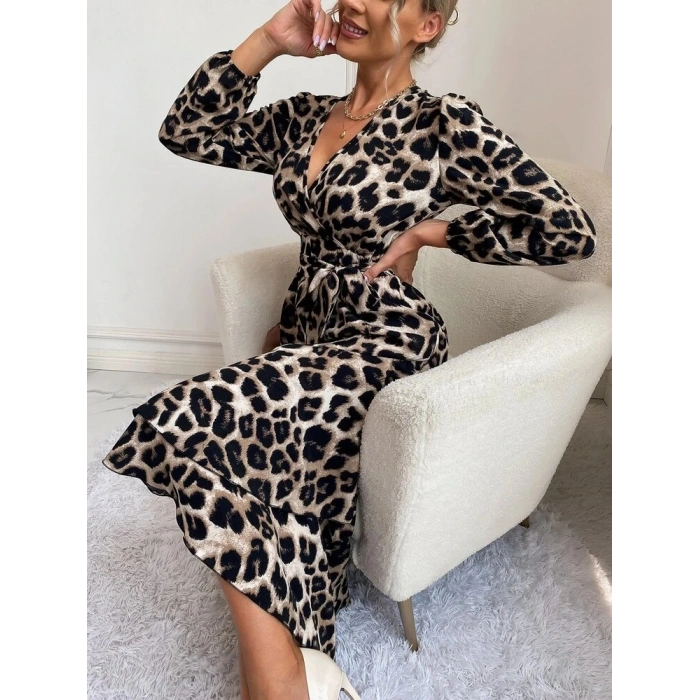 Kadın Uzun Kollu Kruvaze Yakalı Belden Kuşaklı Leopar