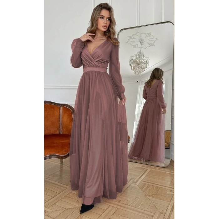 Kadın Uzun Kollu Kruvaze Yakalı Belden Kuşaklı Tüllü Uzun Ithal Krep Elbise