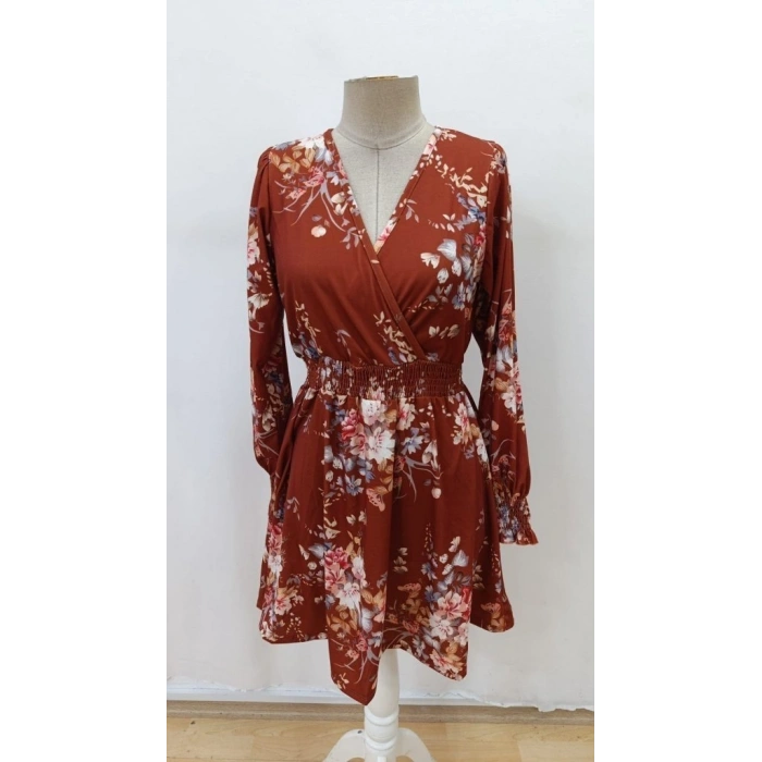 Kadın Uzun Kollu Kruvaze Yakalı çiçek Desenli Mini Süprem Elbise