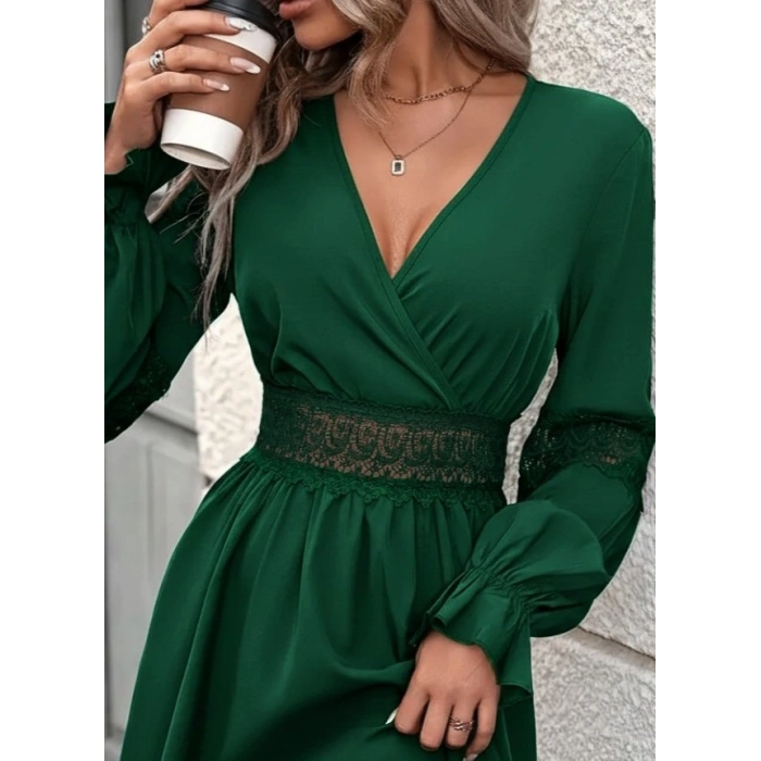 Kadın Uzun Kollu Kruvaze Yakalı Dantelli Fermuar Detaylı Mini Ithal Krep Elbise