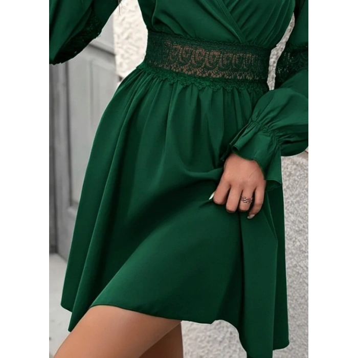 Kadın Uzun Kollu Kruvaze Yakalı Dantelli Fermuar Detaylı Mini Ithal Krep Elbise