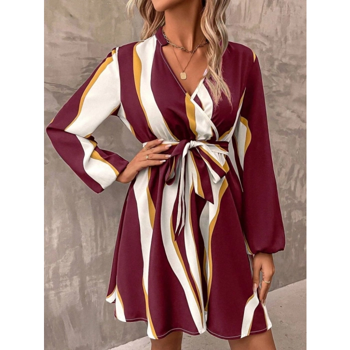 Kadın Uzun Kollu Kruvaze Yakalı Desenli Modal Mini Elbise