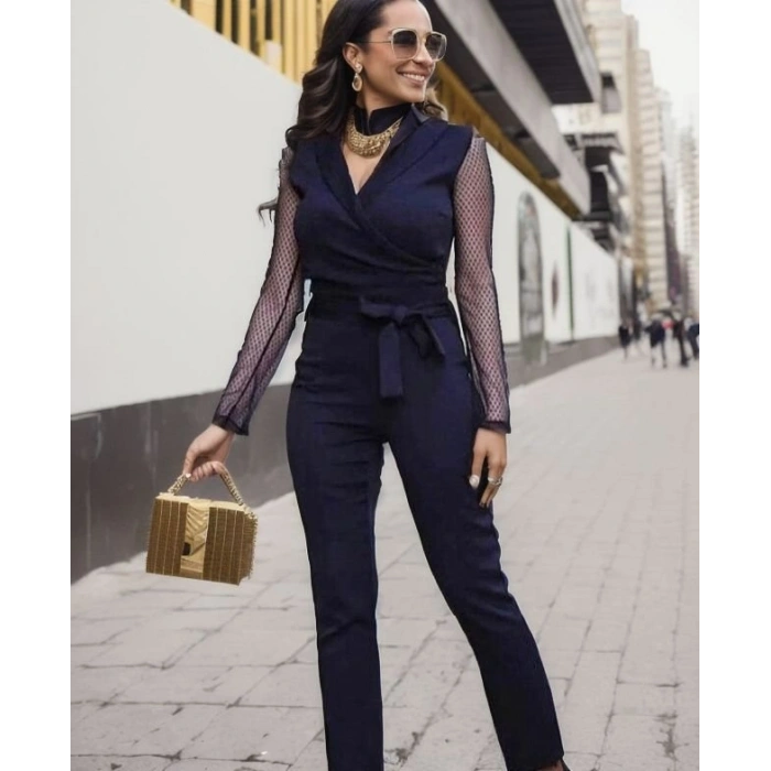 Kadın Uzun Kollu Kruvaze Yakalı Kolları Tül Detay Beli Kuşaklı Ithal Krep Tulum