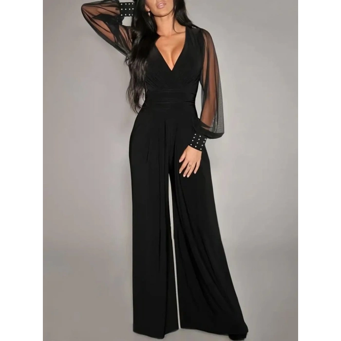 Kadın Uzun Kollu Kruvaze Yakalı Kolları Tüllü Viskon Tulum