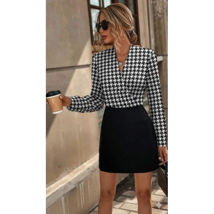 Kadın Uzun Kollu Kruvaze Yakalı üst Dalgıç Alt Ithal Krep Mini Elbise