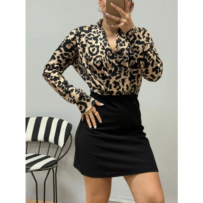 Kadın Uzun Kollu Kruvaze Yakalı üst Dalgıç Alt Ithal Krep Mini Elbise