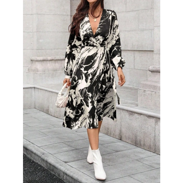 Kadın Uzun Kollu Kruvaze Yakalı Yandan Bağlamalı Desenli Mini Modal Elbise