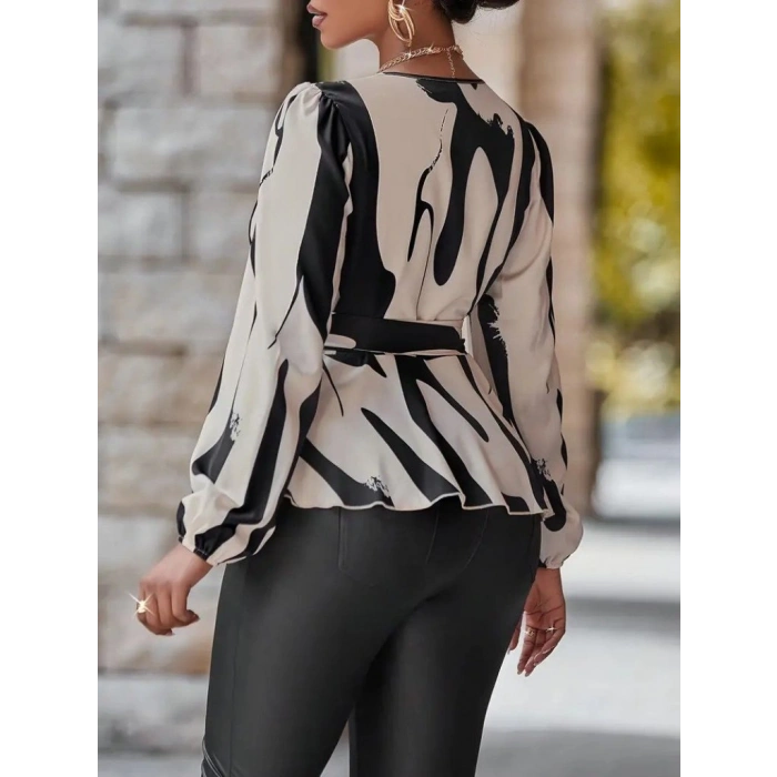 Kadın Uzun Kollu Kruvaze Yakalı Yandan Bağlamalı Kısa Beli Kuşaklı Modal Bluz
