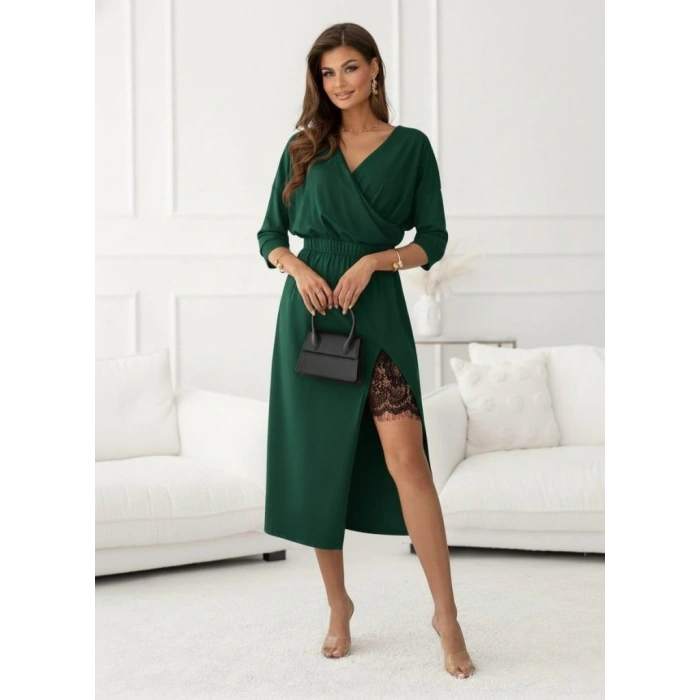 Kadın Uzun Kollu Kruvaze Yakalı Yandan Dantelli Midi Ithal Krep Elbise