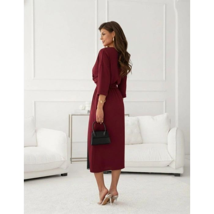 Kadın Uzun Kollu Kruvaze Yakalı Yandan Dantelli Midi Ithal Krep Elbise