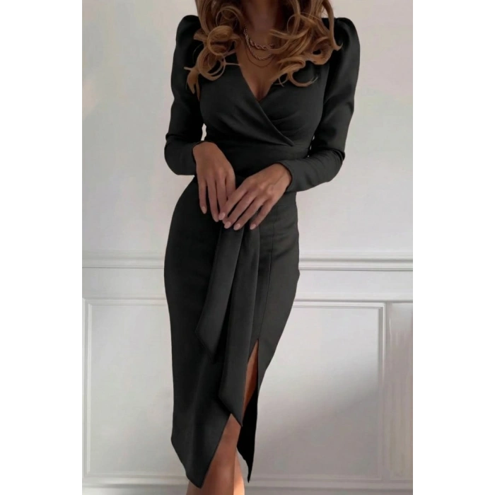 Kadın Uzun Kollu Kruvaze Yakalı Yandan Yırtmaçlı Belden Kuşaklı Midi Ithal Krep Elbise