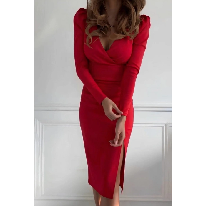 Kadın Uzun Kollu Kruvaze Yakalı Yandan Yırtmaçlı Belden Kuşaklı Midi Ithal Krep Elbise