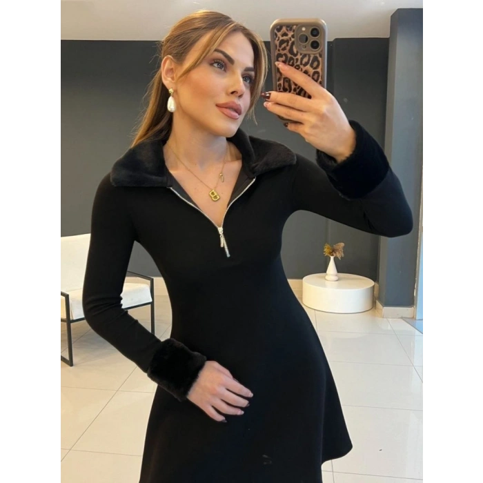 Kadın Uzun Kollu Kürk Yakalı Fermuarlı Kısa Viskon Iki Iplik Elbise