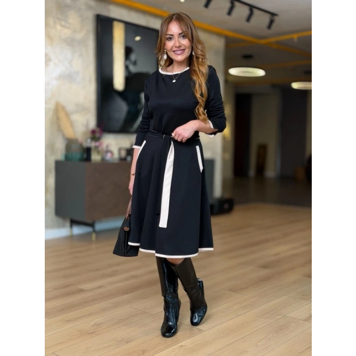 Kadın Uzun Kollu Kuşak Dahil Midi Boy Lbise