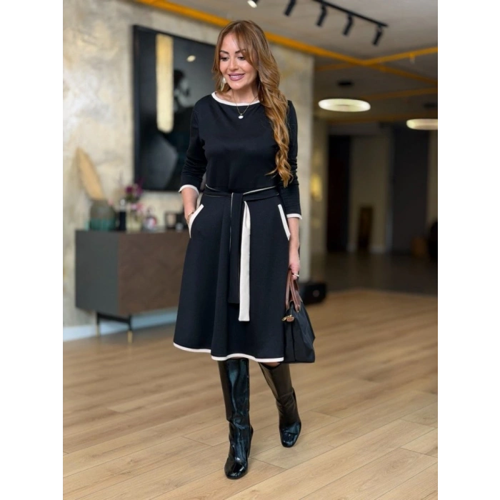 Kadın Uzun Kollu Kuşak Dahil Midi Boy Lbise