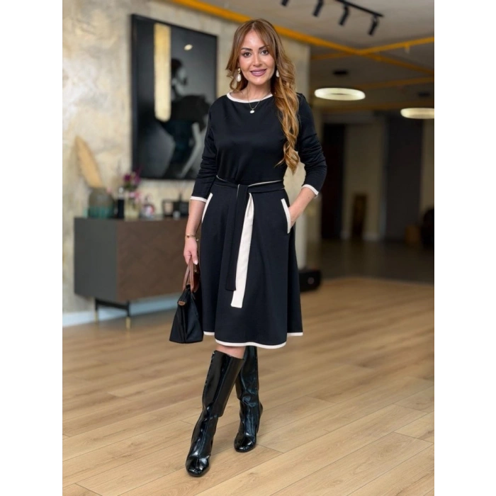 Kadın Uzun Kollu Kuşak Dahil Midi Boy Lbise