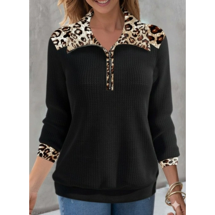 Kadın Uzun Kollu Leopar Yakalı Fermuarlı Waffle Bluz