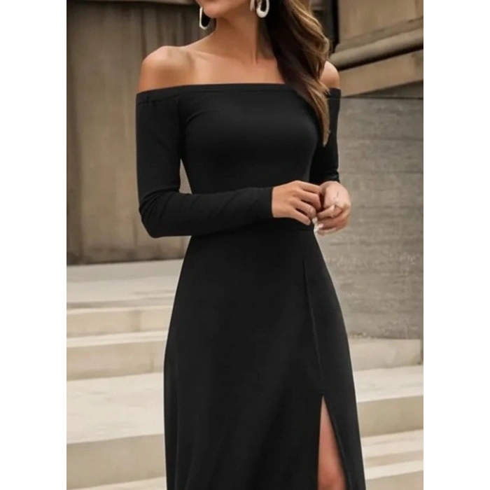 Kadın Uzun Kollu Madonna Yakalı Yırtmaç Detaylı Uzun Ithal Krep Elbise