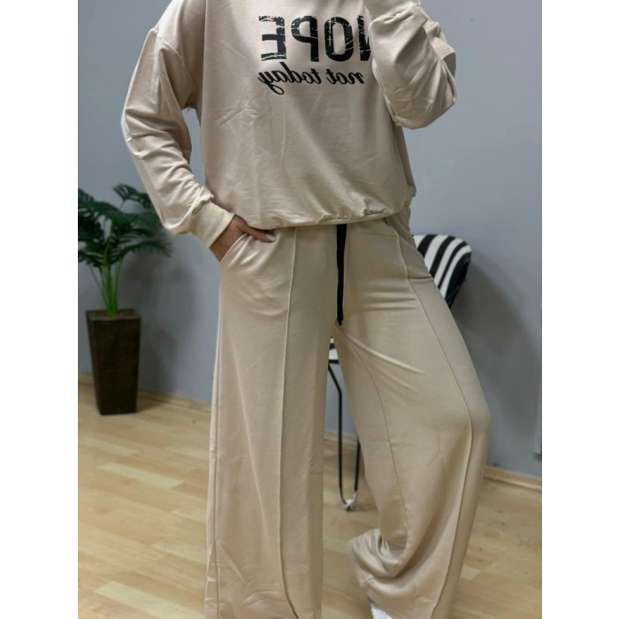 Kadın Uzun Kollu Nope Baskılı Beli Ribanalı Ikili Takım