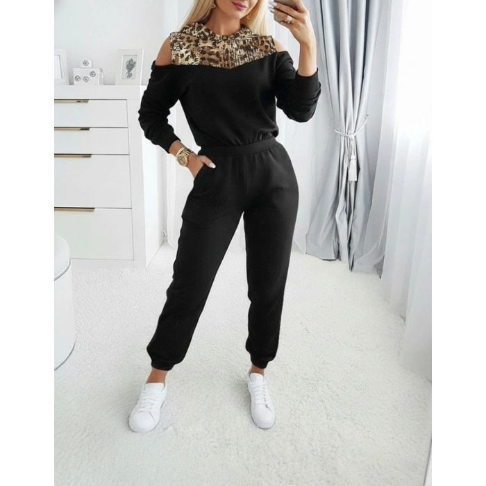Kadın Uzun Kollu Omuzlardan Açık Leopar Desenli Kapşonlu Viskon Iki Iplik Bluz Ve Pantolon Ikili Takım