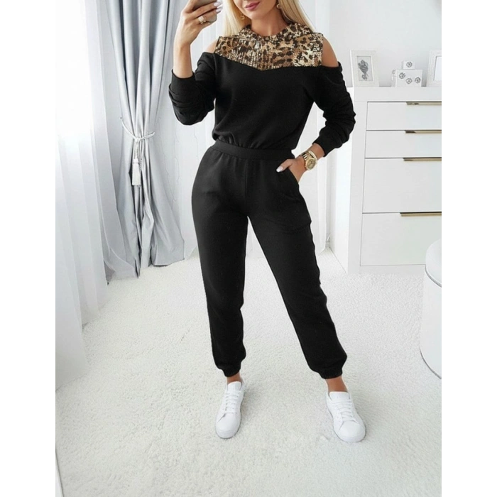 Kadın Uzun Kollu Omuzlardan Açık Leopar Desenli Kapşonlu Viskon Iki Iplik Bluz Ve Pantolon Ikili Takım