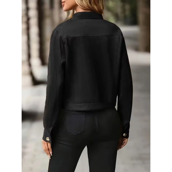 Kadın Uzun Kollu önden Düğmeli Kısa Süet Ceket