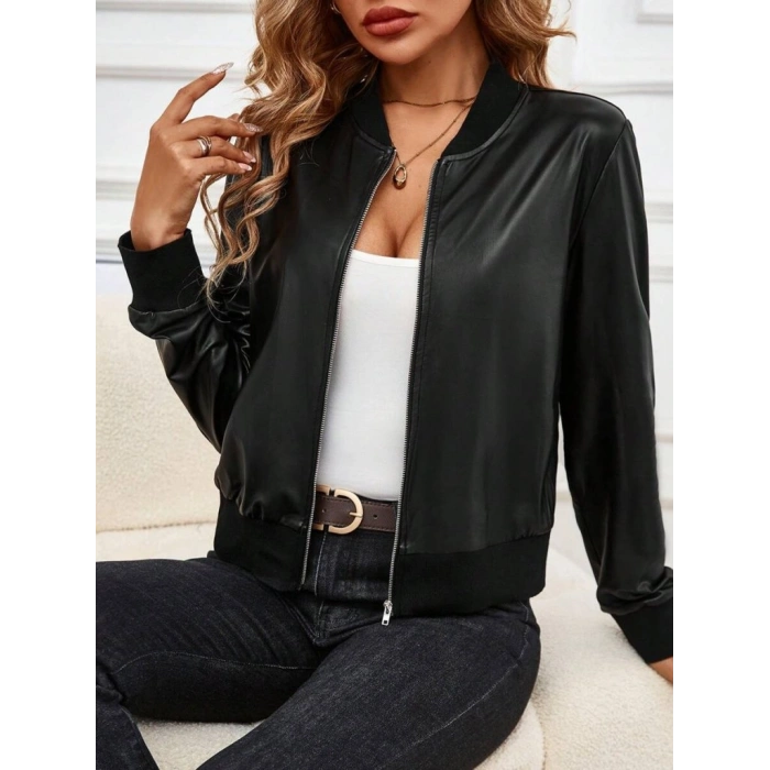 Kadın Uzun Kollu önden Fermuarlı Deri Kısa Ceket
