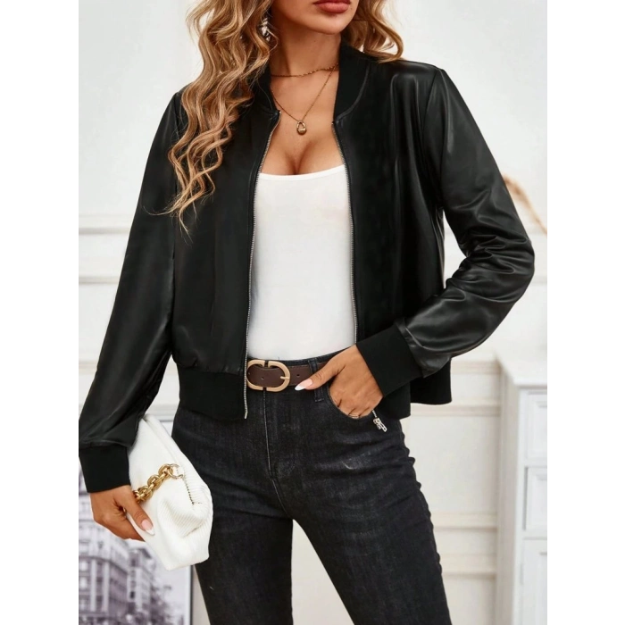 Kadın Uzun Kollu önden Fermuarlı Deri Kısa Ceket
