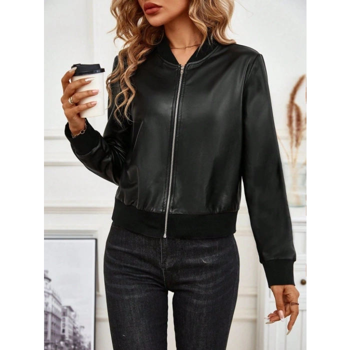 Kadın Uzun Kollu önden Fermuarlı Deri Kısa Ceket