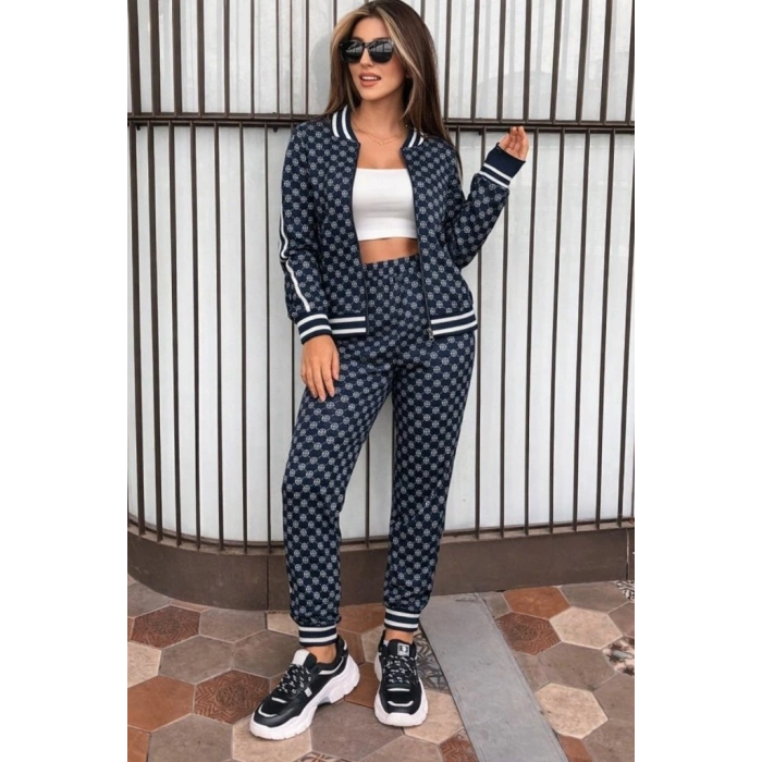 Kadın Uzun Kollu önden Fermuarlı Desenli Iki Iplik Bluz Ve Pantolon Ikili Takım