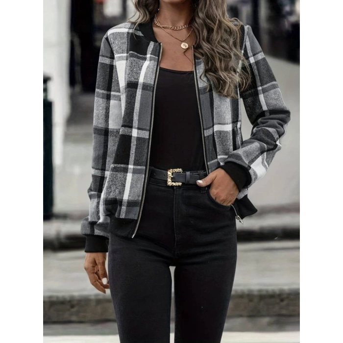Kadın Uzun Kollu önden Fermuarlı Ekose Desenli Ceket